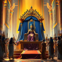 An ornate pharaoh's throne crafted from gold and lapis lazuli, surrounded by an entourage of regal subjects