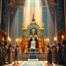 An ornate pharaoh's throne crafted from gold and lapis lazuli, surrounded by an entourage of regal subjects