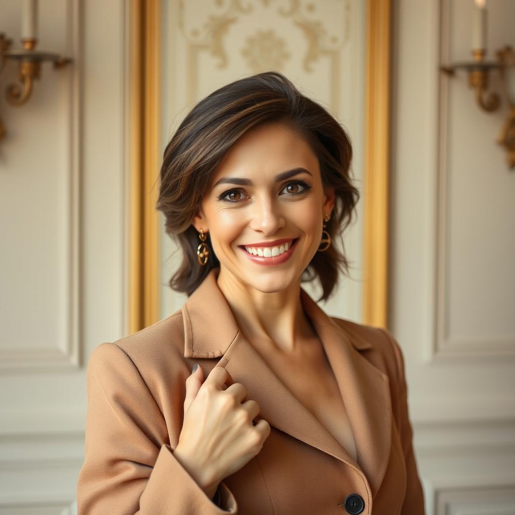 A beautiful 40-year-old woman, stylishly dressed in an attractive outfit, facing the camera with a cheeky and playful expression