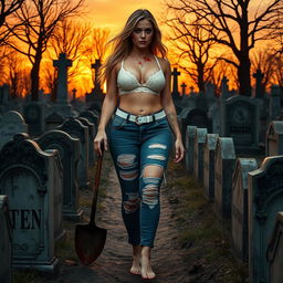 A beautiful, stunning, and innocent shapely woman with medium breasts, very wide, bulging hips, thick round thighs, and long, shapely thick legs, showcasing her bare feet