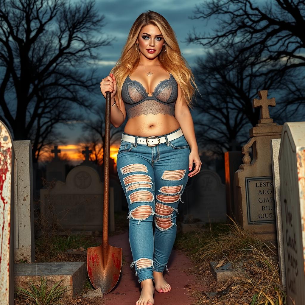 A beautiful, stunning, and innocent shapely woman with medium breasts, very wide, bulging hips, thick round thighs, and long, shapely thick legs, showcasing her bare feet