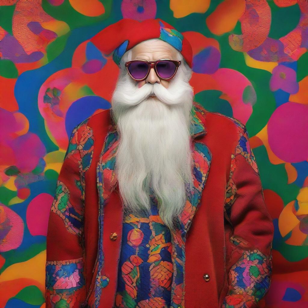 Santa Claus in a Gucci outfit set against a psychedelic background, with vibrant colours and surrealist patterns