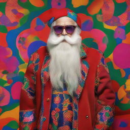 Santa Claus in a Gucci outfit set against a psychedelic background, with vibrant colours and surrealist patterns