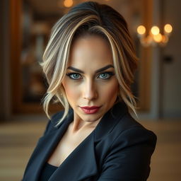A stunning 40-year-old woman, beautifully dressed in a chic and fashionable outfit, facing the camera head-on with a provocative expression