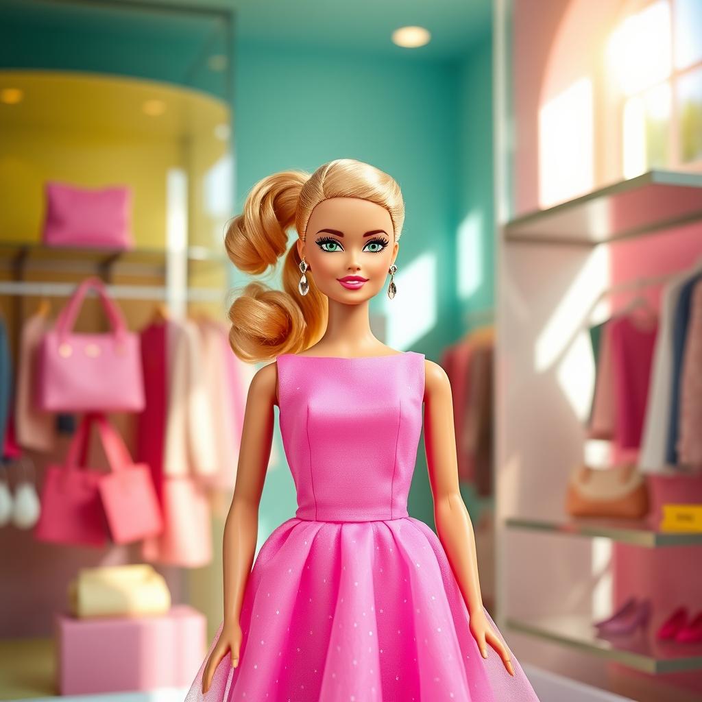 A vibrant, colorful scene featuring a classic Barbie doll in a stylish fashion setting