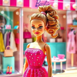 A vibrant, colorful scene featuring a classic Barbie doll in a stylish fashion setting