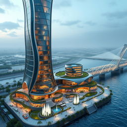 A bionic modern skyscraper inspired by Achaemenid architecture, featuring curvy and intricate lines, 20 floors with a height of 80 meters, situated on the southern bank of a roaring river