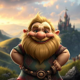 A chubby dwarf with a cheerful expression, standing confidently and looking directly at the camera
