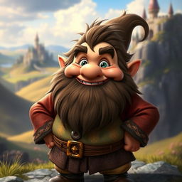 A chubby dwarf with a cheerful expression, standing confidently and looking directly at the camera