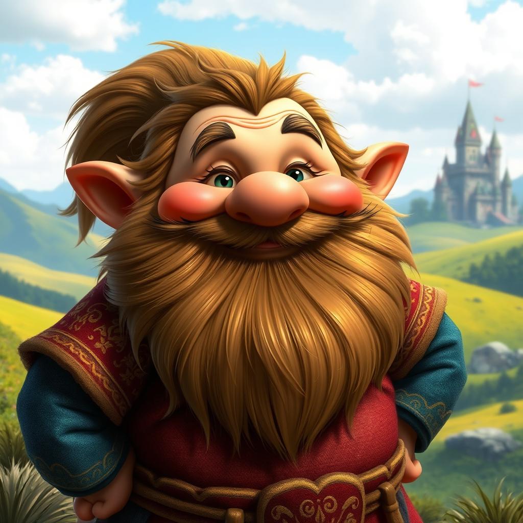 A chubby dwarf with a cheerful expression, standing confidently and looking directly at the camera