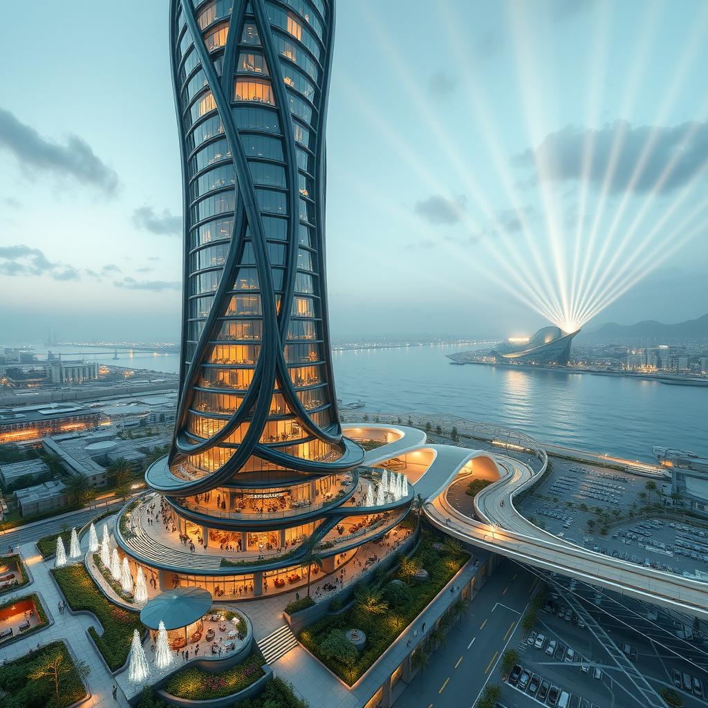 A bionic modern skyscraper inspired by Achaemenid architecture, featuring curvy and intricate lines, 20 floors with a height of 80 meters, situated on the southern bank of a roaring river