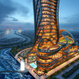 A bionic modern skyscraper inspired by Achaemenid architecture, featuring curvy and intricate lines, 20 floors with a height of 80 meters, situated on the southern bank of a roaring river