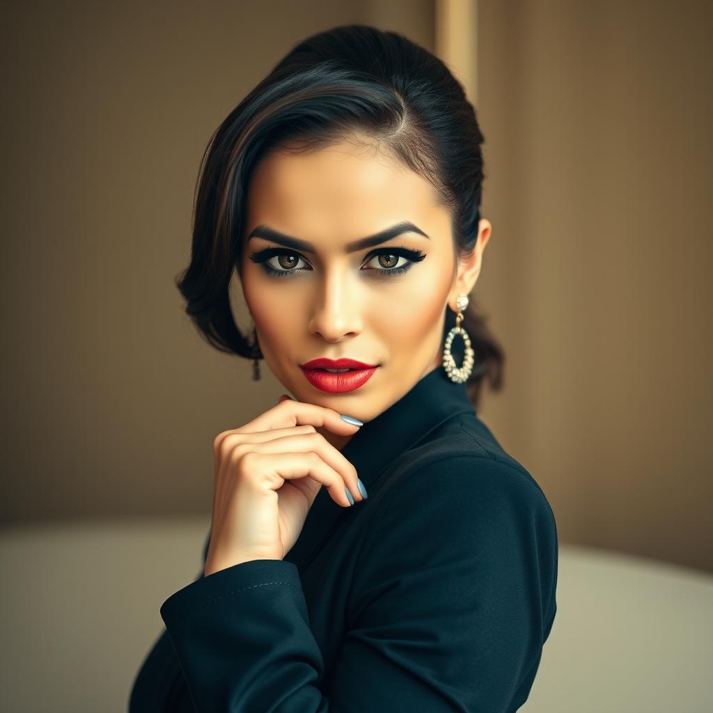 A stunning 40-year-old woman, beautifully dressed in a fashionable outfit, facing the camera directly with a provocative and confident expression