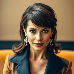 A stunning 40-year-old woman, beautifully dressed in a fashionable outfit, facing the camera directly with a provocative and confident expression