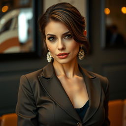 A beautiful 40-year-old woman, elegantly dressed in a fashionable outfit, looking directly at the camera with a provocative and confident expression