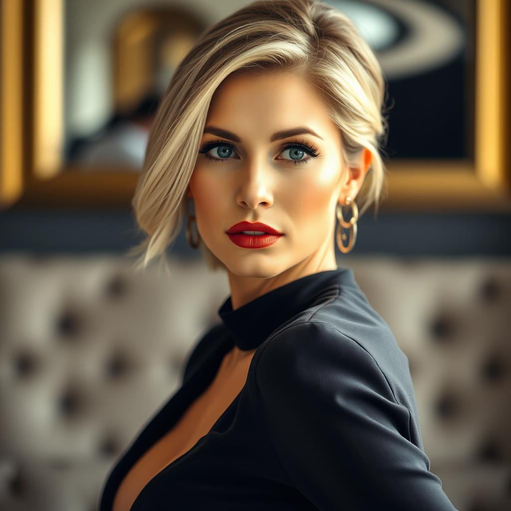 A beautiful 40-year-old woman, elegantly dressed in a fashionable outfit, looking directly at the camera with a provocative and confident expression