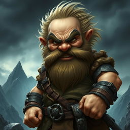 A chubby dwarf with an angry expression, standing defiantly and looking directly at the camera