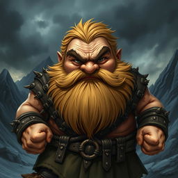 A chubby dwarf with an angry expression, standing defiantly and looking directly at the camera