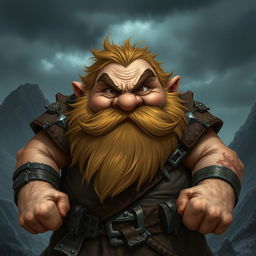 A chubby dwarf with an angry expression, standing defiantly and looking directly at the camera