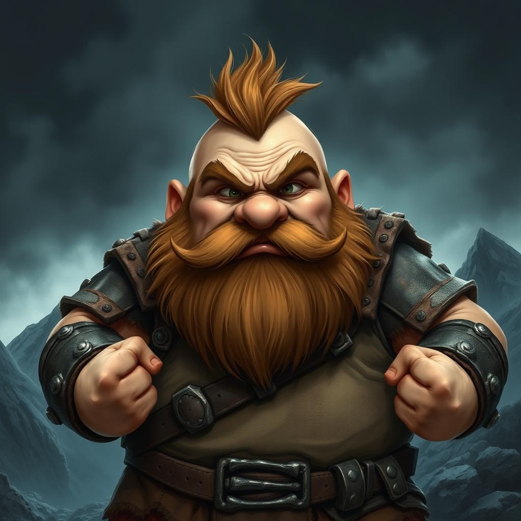 A chubby dwarf with an angry expression, standing defiantly and looking directly at the camera
