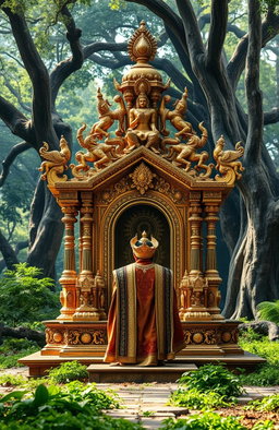 An ancient Indian throne, elaborately decorated with intricate gold designs, featuring 32 ornate legs, majestically towering in an old forest setting