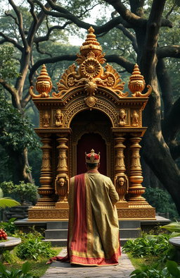 An ancient Indian throne, elaborately decorated with intricate gold designs, featuring 32 ornate legs, majestically towering in an old forest setting