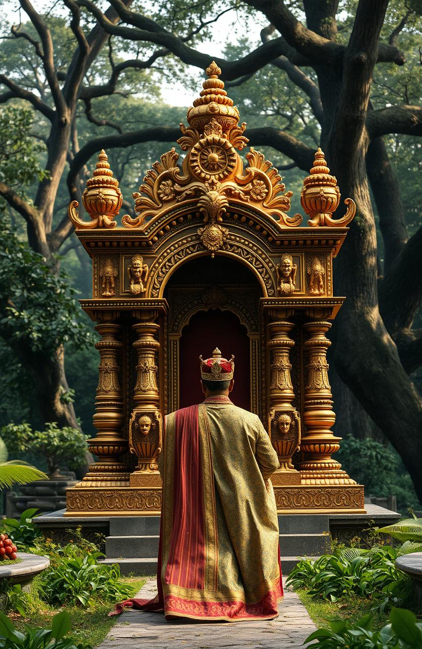 An ancient Indian throne, elaborately decorated with intricate gold designs, featuring 32 ornate legs, majestically towering in an old forest setting