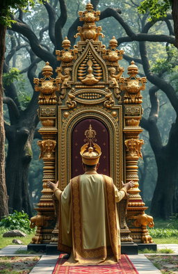 An ancient Indian throne, elaborately decorated with intricate gold designs, featuring 32 ornate legs, majestically towering in an old forest setting