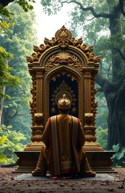 An ancient Indian throne, elaborately decorated with intricate gold designs, featuring 32 ornate legs, majestically towering in an old forest setting