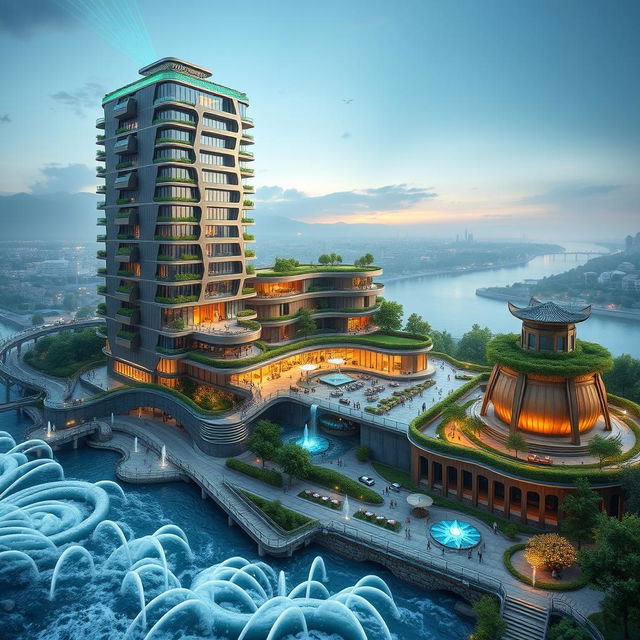 A bionic design of the Apadana Palace, a 20-story structure reaching a height of 80 meters, located on the southern bank of a roaring river