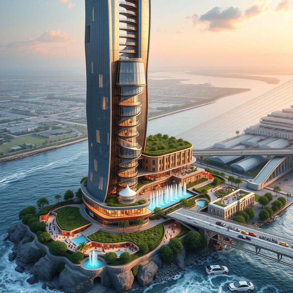 A bionic design of the Apadana Palace, a 20-story structure reaching a height of 80 meters, located on the southern bank of a roaring river