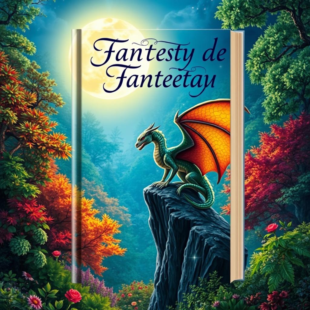 A captivating book cover design for a fantasy novel, featuring a lush enchanted forest with vibrant colors