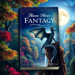 A captivating book cover design for a fantasy novel, featuring a lush enchanted forest with vibrant colors