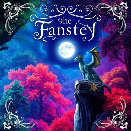 A captivating book cover design for a fantasy novel, featuring a lush enchanted forest with vibrant colors