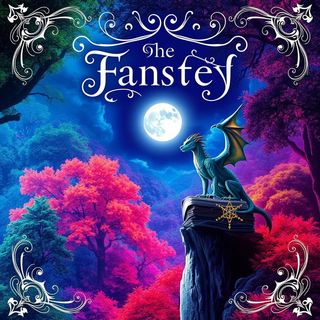 A captivating book cover design for a fantasy novel, featuring a lush enchanted forest with vibrant colors