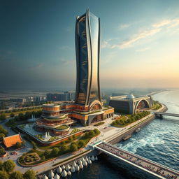 Design of the 'Apadana Palace', a groundbreaking, futuristic 20-story building standing 80 meters tall, located on the southern bank of a roaring river