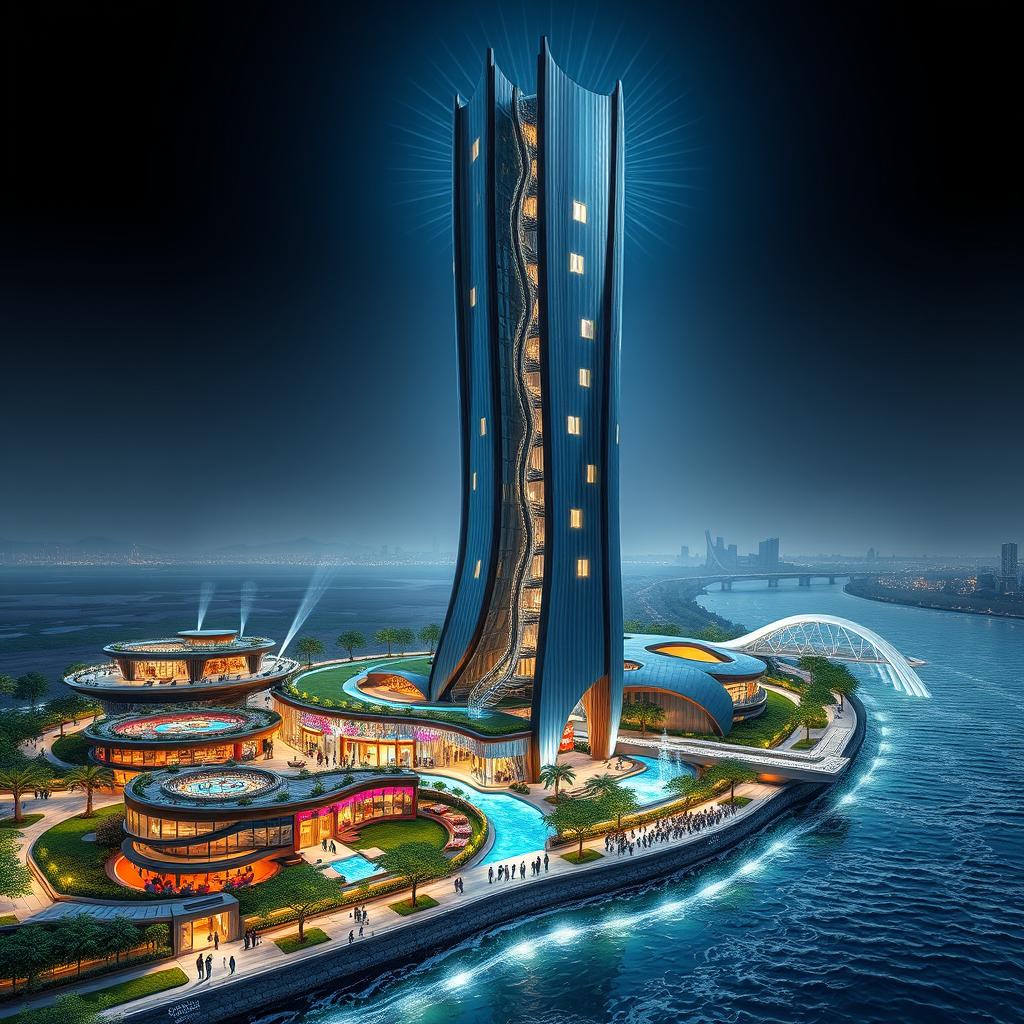 Design of the 'Apadana Palace', a groundbreaking, futuristic 20-story building standing 80 meters tall, located on the southern bank of a roaring river