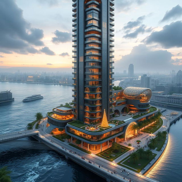 Design of the 'Apadana Palace', a groundbreaking, futuristic 20-story building standing 80 meters tall, located on the southern bank of a roaring river