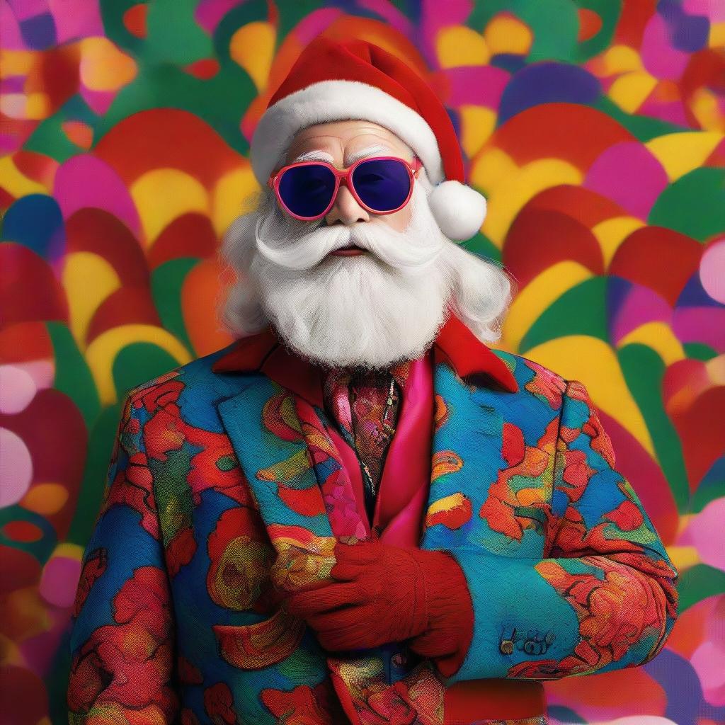 Santa Claus in a Gucci outfit set against a psychedelic background, with vibrant colours and surrealist patterns