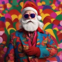 Santa Claus in a Gucci outfit set against a psychedelic background, with vibrant colours and surrealist patterns