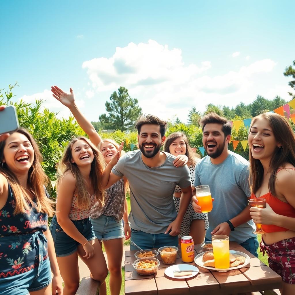 A vibrant outdoor gathering scene with a group of friends laughing and enjoying themselves under sunny skies