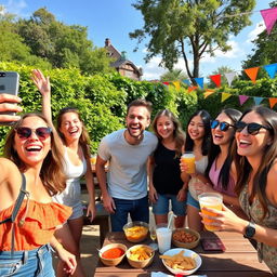 A vibrant outdoor gathering scene with a group of friends laughing and enjoying themselves under sunny skies