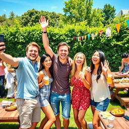 A vibrant outdoor gathering scene with a group of friends laughing and enjoying themselves under sunny skies
