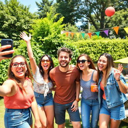 A vibrant outdoor gathering scene with a group of friends laughing and enjoying themselves under sunny skies