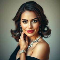 A stunning 40-year-old woman, dressed elegantly and stylishly, with a captivating and provocative expression on her face