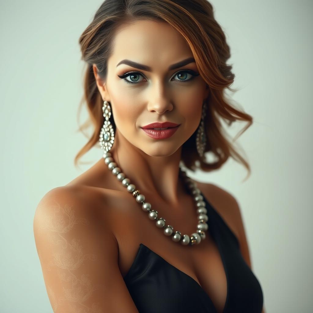 A stunning 40-year-old woman, dressed elegantly and stylishly, with a captivating and provocative expression on her face