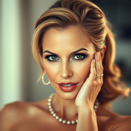 A stunning 40-year-old woman, dressed elegantly and stylishly, with a captivating and provocative expression on her face