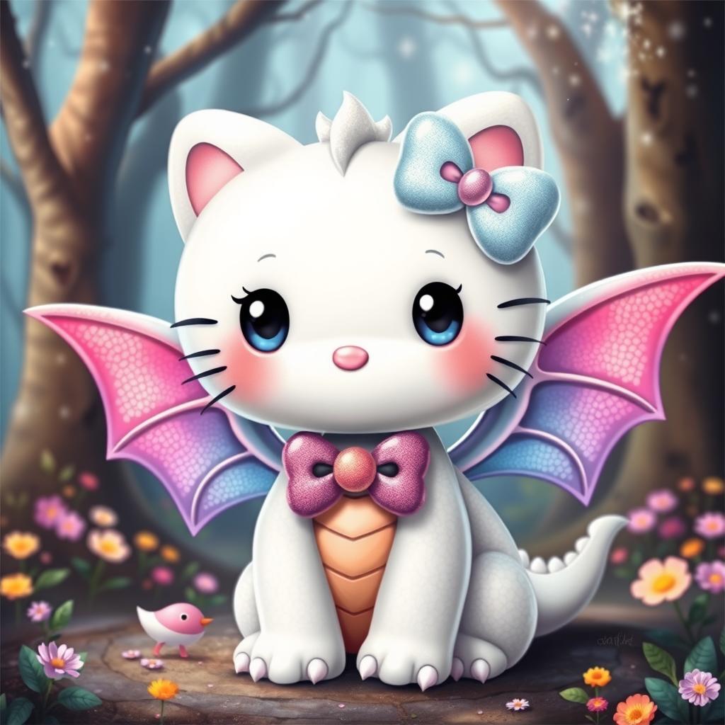 A cute, whimsical interpretation of Hello Kitty as a dragon, featuring her signature white fur, big round eyes, and iconic bow