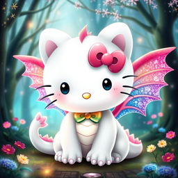 A cute, whimsical interpretation of Hello Kitty as a dragon, featuring her signature white fur, big round eyes, and iconic bow