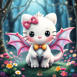 A cute, whimsical interpretation of Hello Kitty as a dragon, featuring her signature white fur, big round eyes, and iconic bow